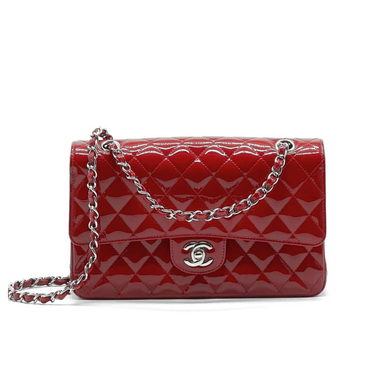 26 Chanel Medium Classic Double Flap Bag Patent Leather Red 26Cm - Image 1