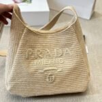 Prada Logo Embossed Raffia Shoulder Bag Beige 33Cm 1BC186VOUO2A2T - Image 2