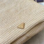Prada Logo Embossed Raffia Shoulder Bag Beige 33Cm 1BC186VOUO2A2T - Image 7