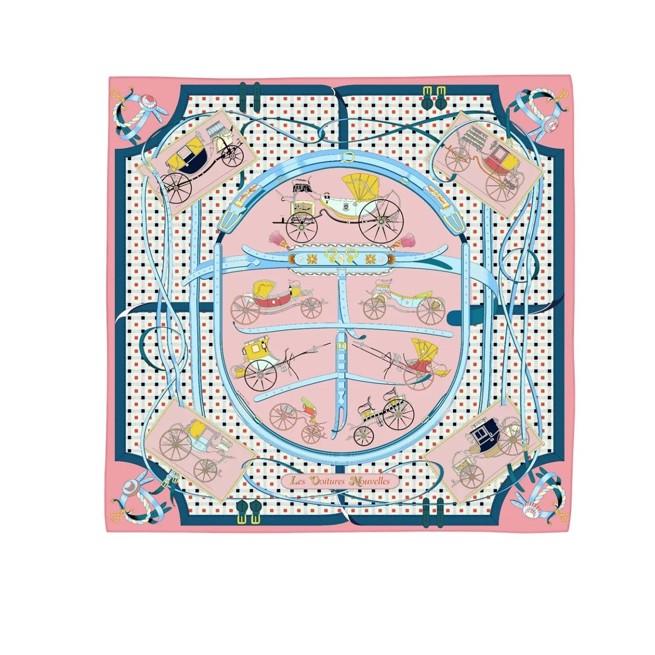 494-1 Hermes Les Voitures Nouvelles Scarf Rose Bonbon And Blue 90Cm H984108S 01 - Image 1