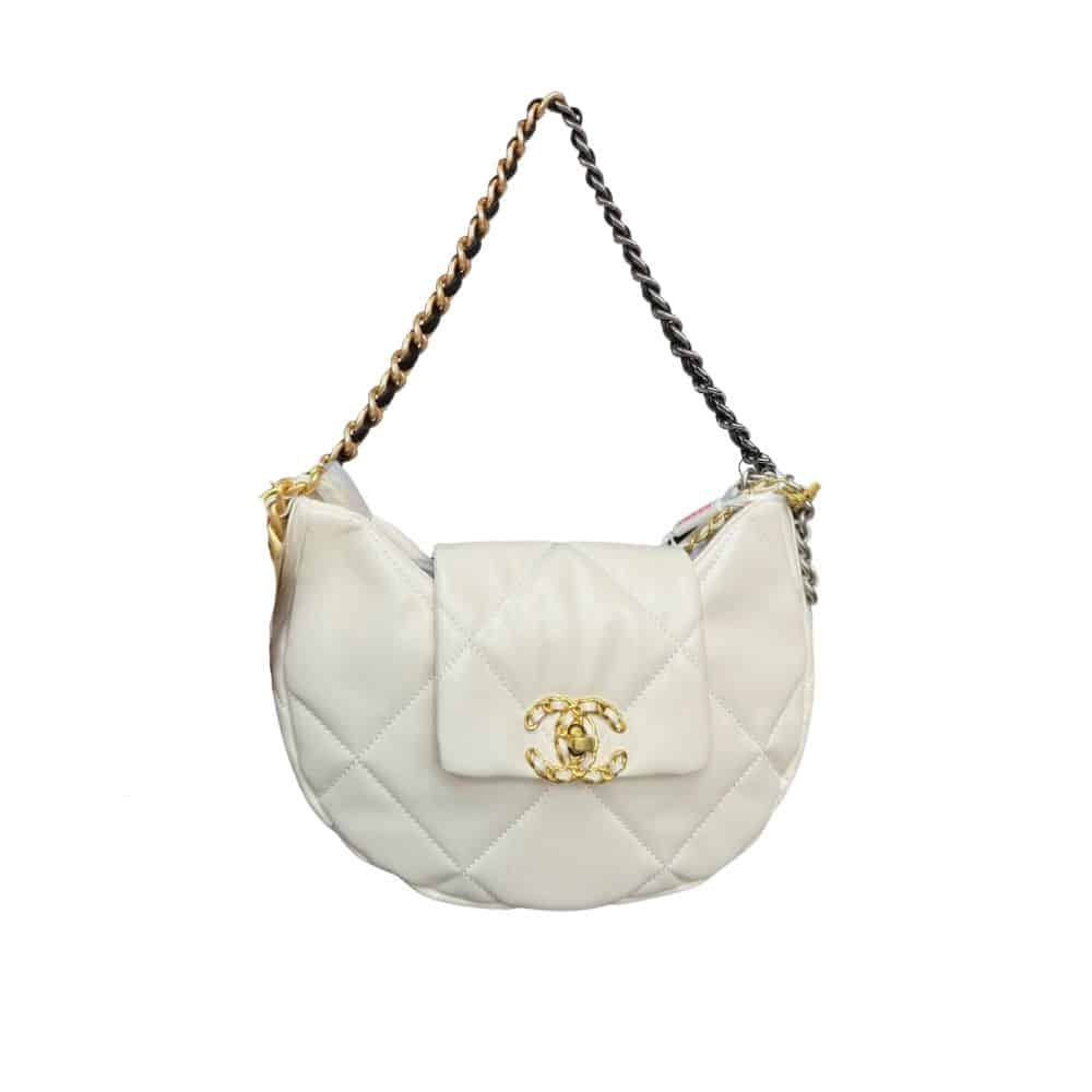 xr:d:DAFy0M-Gj-4:1951,j:4054777914317161157,t:23121507 Chanel 19 Hobo Bag Mixed Metal Hardware White 28Cm - Image 1