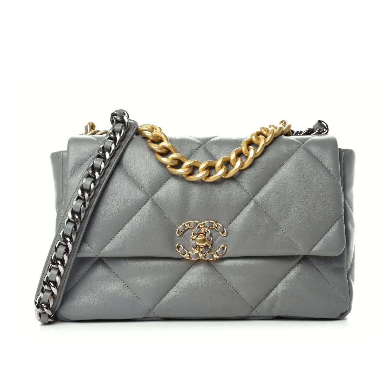 Thumbnail-3-1 Chanel 19 Flap Bag Shiny Gold And Silver Tone Light Grey 26Cm - Image 1