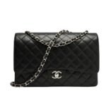 Chanel Maxi Classic Handbag Silver Hardware Black 33Cm
