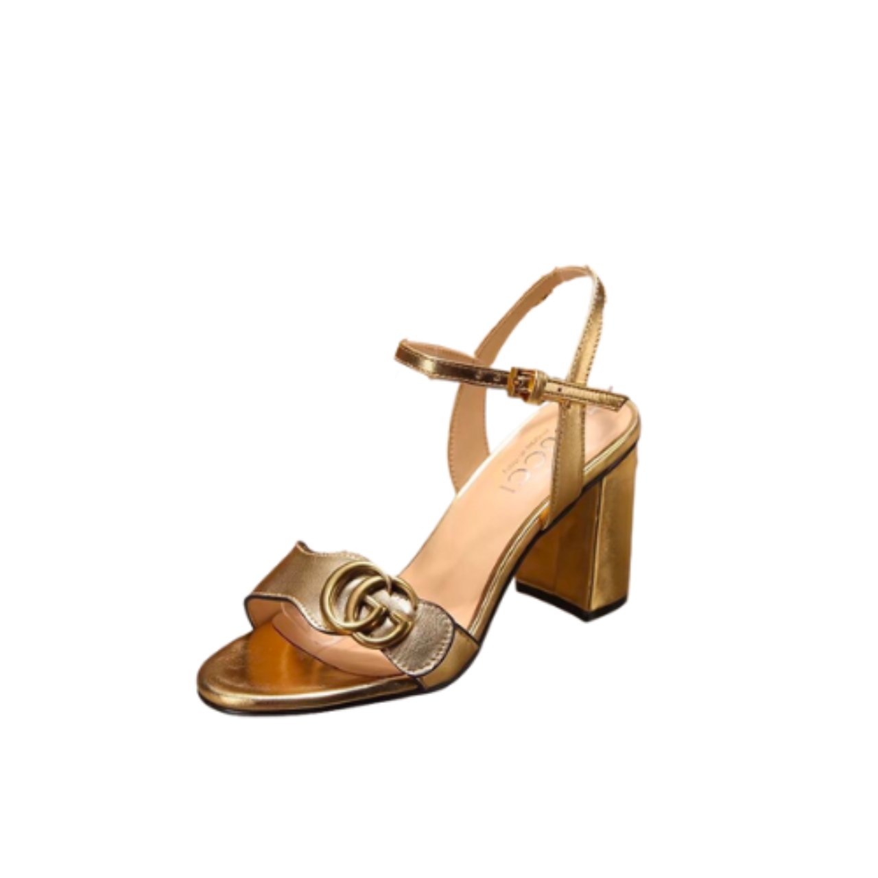 Thumbnail-4-5 Gucci Gold Metallic Laminate Leather Mid Heel Sandal 453379 - Image 1